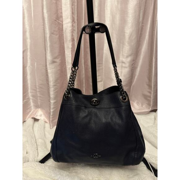 Coach Edie Chain Shoulder Bag Navy Pebbled Leather Turnlock Slouchy Tote - Picture 3 of 12
